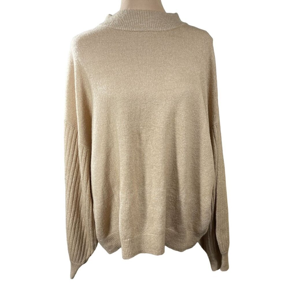 All In Favor Mock Neck Sweater Ribbed Sleeve Tan Size XL Extra Large